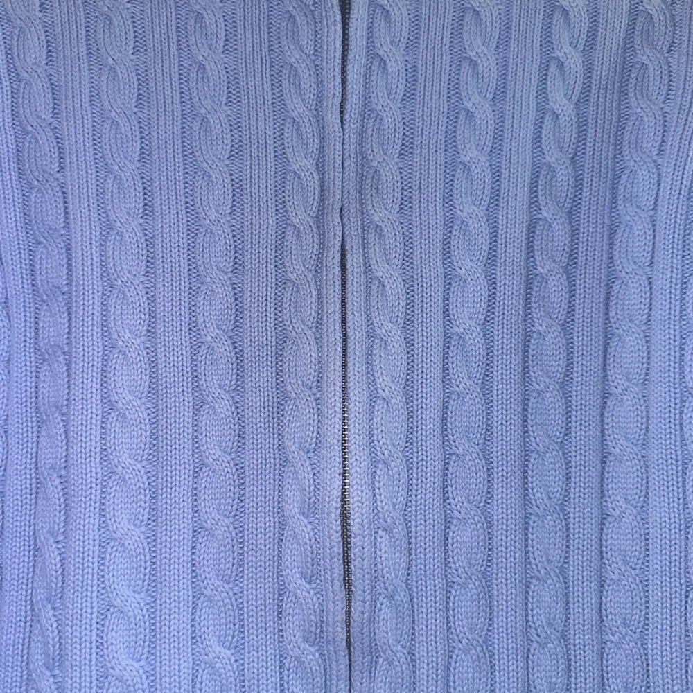 L.L. Bean Women's Blue Cable Knit Full Zip Cardigan Sweater Mock Neck XL Cotton - Picture 6 of 8